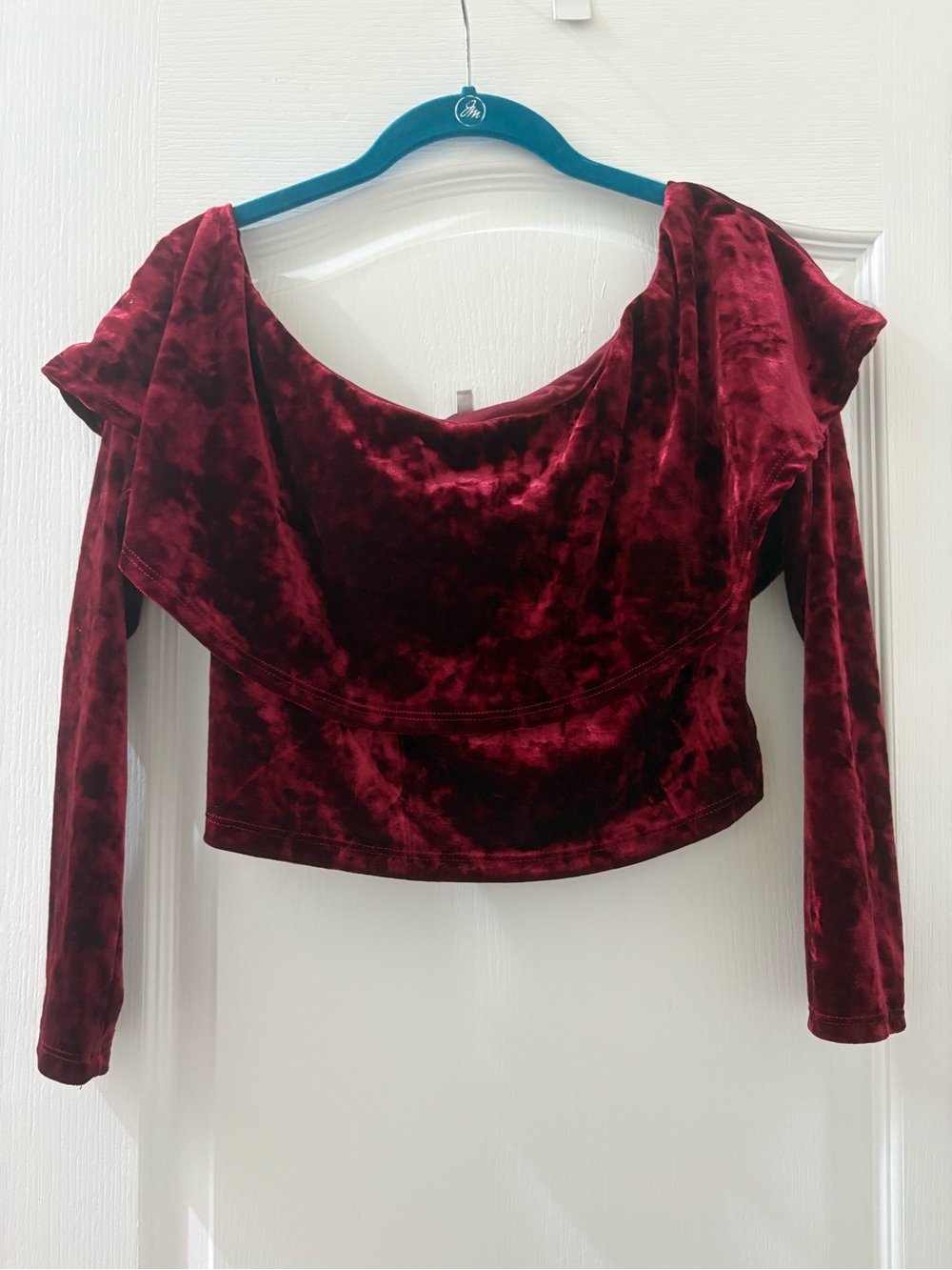 Charlotte Russe Velvet Off-Shoulder Long Sleeve Crop Top - Burgundy